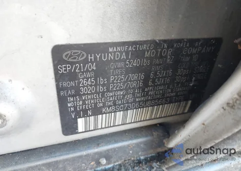 2005 Hyundai Santa Fe Gls z USA, uszkodzony, nr VIN KM8SC73D65U885663